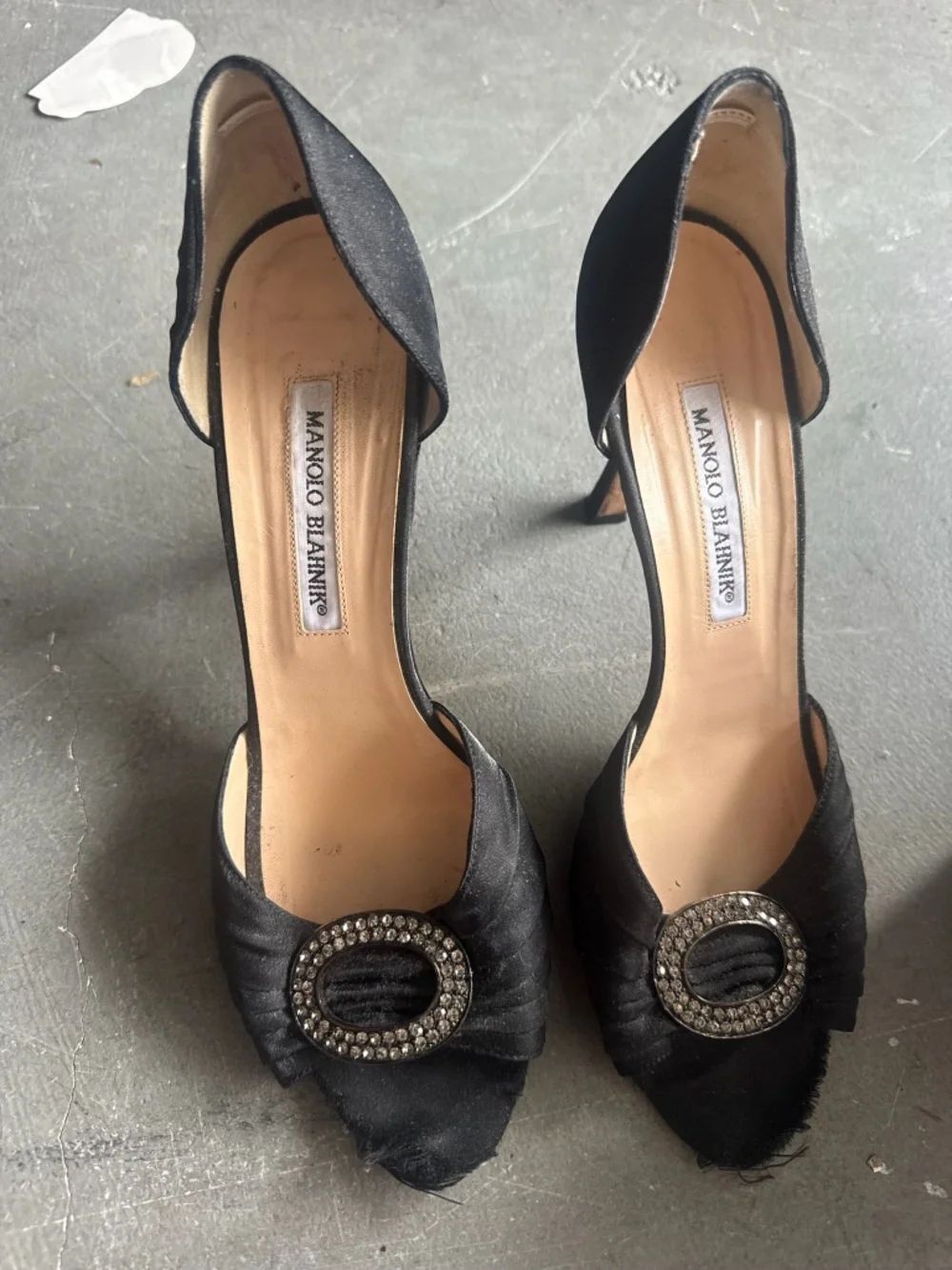Manolo Blahnik Black Satin Heels - Rhinestone Detail Brooch - Size 38 1/2